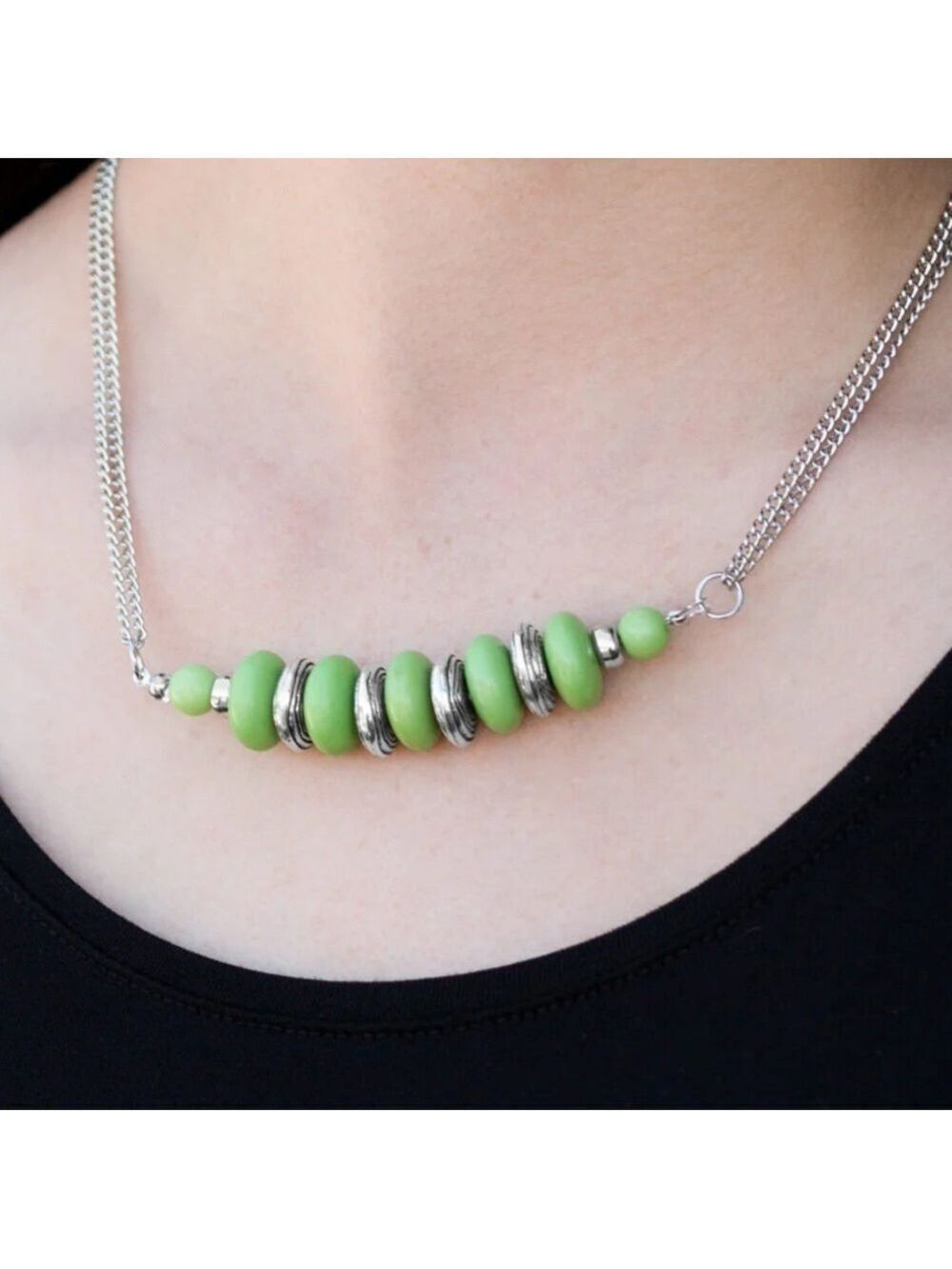 Green and silver beaded double strand silver tone necklace